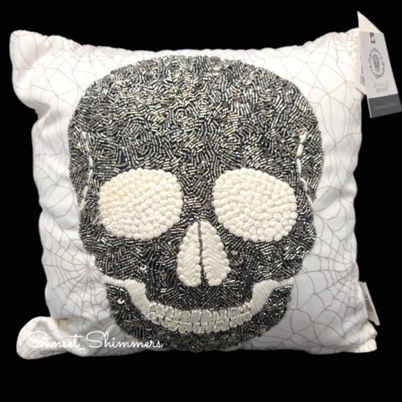 14" SKULL Spider Web Halloween Beaded Embroidered Throw Pillow Mortar & Bone New - Picture 1 of 3